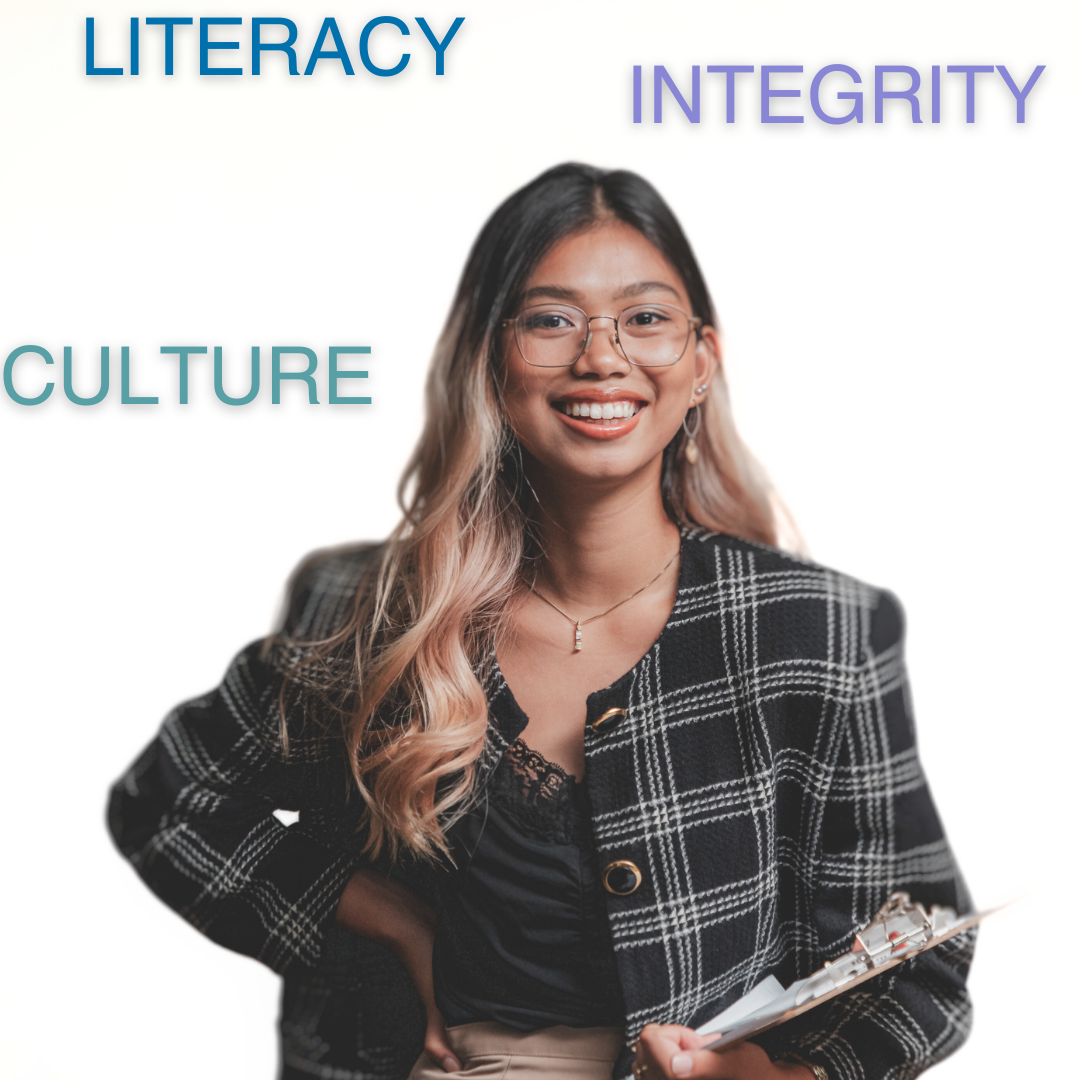 Women surrounded by the words Culture Literacy Integrity